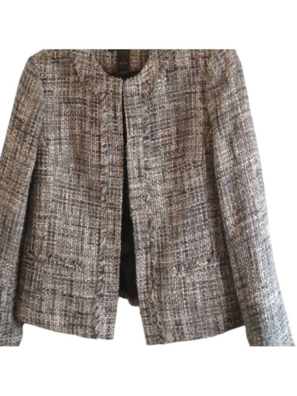 Studio by Liz Claiborne Tweed Fringe Open Front Jacket Blazer Size 6 Gray White - Picture 7 of 7